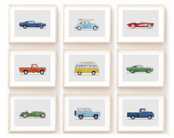 Set of 9 Vintage Vehicle Prints, Boys Room Decor, Retro Car Prints For Boys Room, Kids Room Wall Art, Transportation Watercolor Art