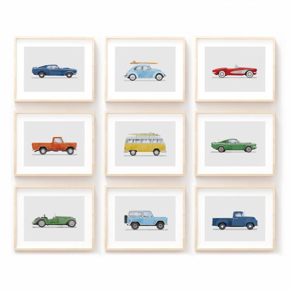 Set of 9 Vintage Vehicle Prints, Boys Room Decor, Retro Car Prints For Boys Room, Kids Room Wall Art, Transportation Watercolor Art