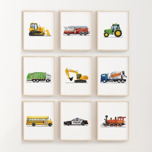 Vertical Set of 9 Vehicle Prints, Construction Wall Art, Transportation Nursery, Kids Gallery Wall Set, Truck Wall Art, Nursery Truck Prints