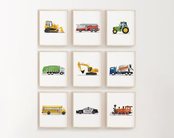 Vertical Set of 9 Vehicle Prints, Construction Wall Art, Transportation Nursery, Kids Gallery Wall Set, Truck Wall Art, Nursery Truck Prints