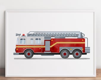 Brandweerwagen print, brandweerwagen kunst, brandweerwagen decor, jongen slaapkamer kunst, transport kunst, peuter kamer decor, decor kinderkamer, auto print