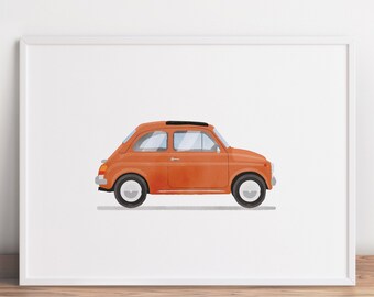 Vintage Orange Car Print, Klasyczna sztuka ścienna z samochodem, Dekoracja transportowa, Dekoracja pokoju dla dużego chłopca, Wydruk samochodowy, Sztuka ścienna z pojazdem, Retro Car Print
