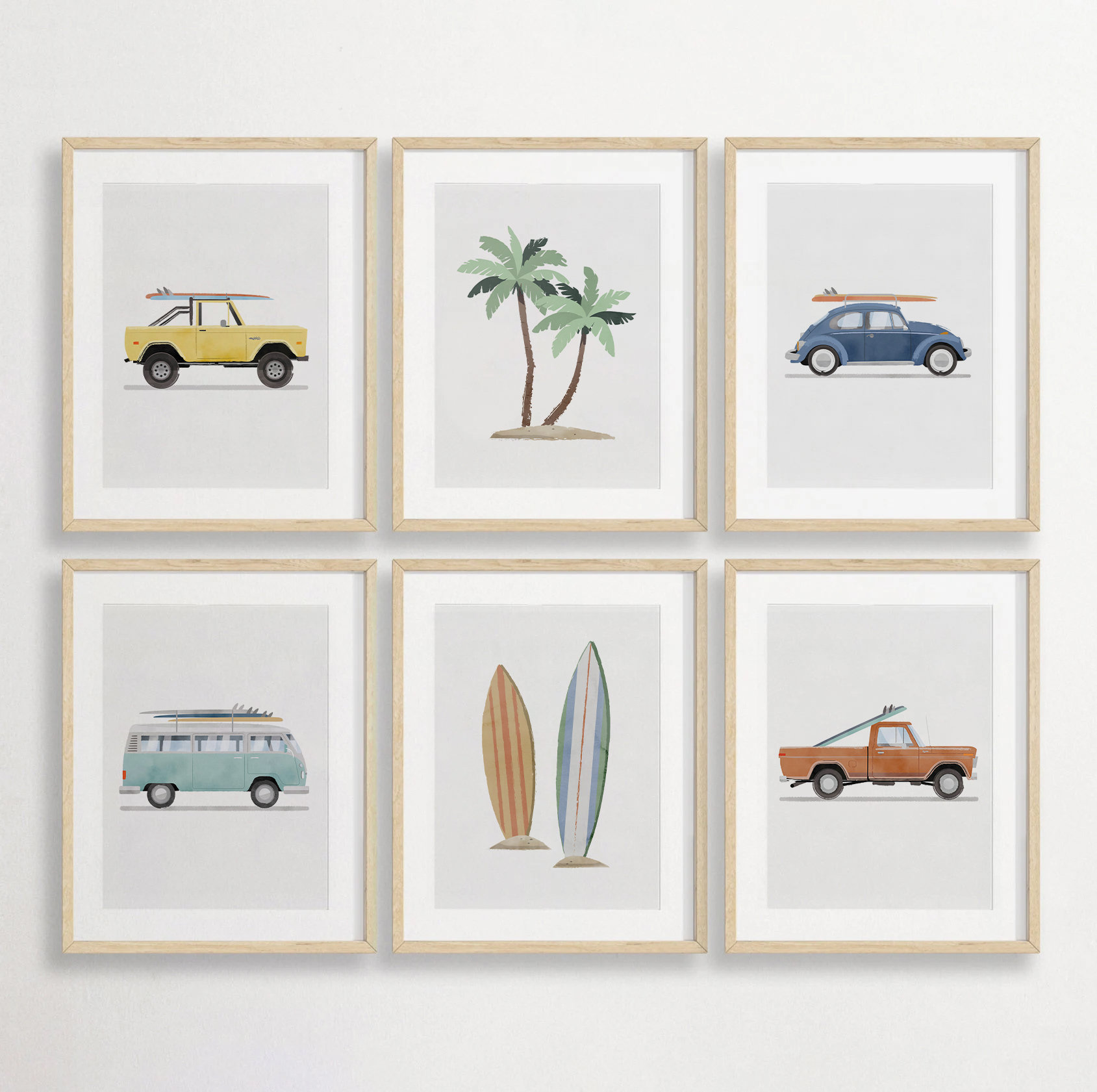 Set of 6 Vertical Vintage Vehicle Surf Art Prints, Boys Room Decor, Retro Car Prints For Boys Room, Surfboard Wall Art, Transportation Art