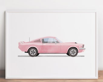 Pink Retro Sports Car Print, Automobile Wall Art, Muscle Car Poster, Kids Room Wall Art, Vehicle Prints, Boys Room Decor, Watercolor Car Art