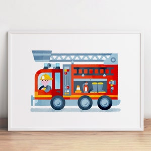 Peut inclure: Un camion de pompiers rouge avec une échelle, un pompier au volant et divers équipements à l'arrière. Le camion est de couleur jaune et bleue.