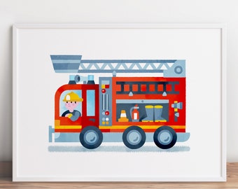Afdrukbare brandweerwagen, peuter brandweerwagen kunst, brandweerwagen print, jongen slaapkamer kunst, transport kunst, peuter kamer decor, kinderkamer decoratie