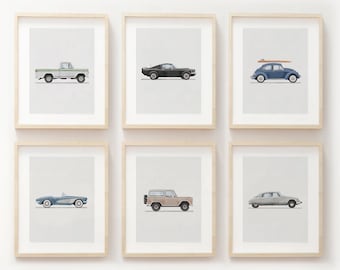 Juego de 6 impresiones verticales de vehículos vintage, decoración para habitación infantil, impresiones de coches retro, arte mural para habitación infantil, arte de acuarela con transporte.
