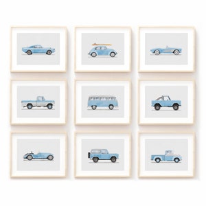 Set of 9 Baby Blue Vintage Vehicle Prints, Boys Room Decor, Retro Car Prints For Boys Room, Kids Room Wall Art,Transportation Watercolor Art