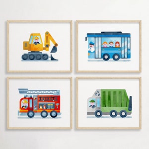 Set of 4 Vehicle Prints, Construction Wall Art, Transportation Print Nursery,  Kids Gallery Wall Set, Truck Wall Art, Nursery Truck Prints