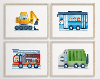 Conjunto de 4 láminas de vehículos, arte mural de construcción, láminas de transporte para guardería, juego de galería infantil, arte mural de camiones, láminas de camiones para guardería