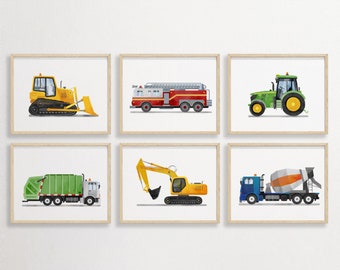 Set of 6 Vehicle Prints, Construction Wall Art, Transportation Print Nursery,  Kids Gallery Wall Set, Truck Wall Art, Nursery Truck Prints