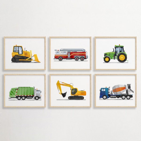 Set of 6 Vehicle Prints, Construction Wall Art, Transportation Print Nursery,  Kids Gallery Wall Set, Truck Wall Art, Nursery Truck Prints