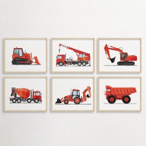 Set of 6 Red Construction Vehicle Prints, Construction Wall Art, Transportation Nursery,Kids Gallery Wall Set,Truck Art,Nursery Truck Prints
