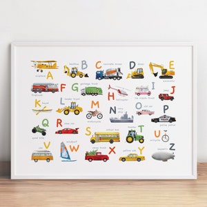 Transportation Alphabet Print, Car ABC, Vehicle Letters Art, Classroom Printable Decor, Educational Nursery Wall Art, Car Alphabet Decor