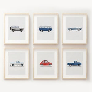 Set of 6 Vintage Vertical Vehicle Prints, Boys Room Decor, Retro Car Prints For Boys Room, Kids Room Wall Art, Vertical Watercolor Art