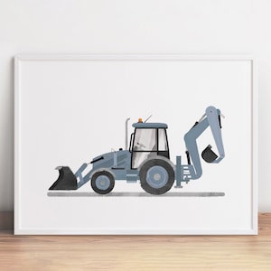 May include: A blue backhoe with a black bucket, a yellow light on top, and a white background.