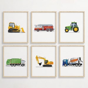 Vertical Set of 6 Vehicle Prints, Construction Wall Art, Transportation Nursery, Kids Gallery Wall Set, Truck Wall Art, Nursery Truck Prints