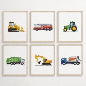 Vertical Set of 6 Vehicle Prints, Construction Wall Art, Transportation Nursery, Kids Gallery Wall Set, Truck Wall Art, Nursery Truck Prints image 1