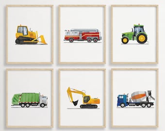 Vertical Set of 6 Vehicle Prints, Construction Wall Art, Transportation Nursery, Kids Gallery Wall Set, Truck Wall Art, Nursery Truck Prints