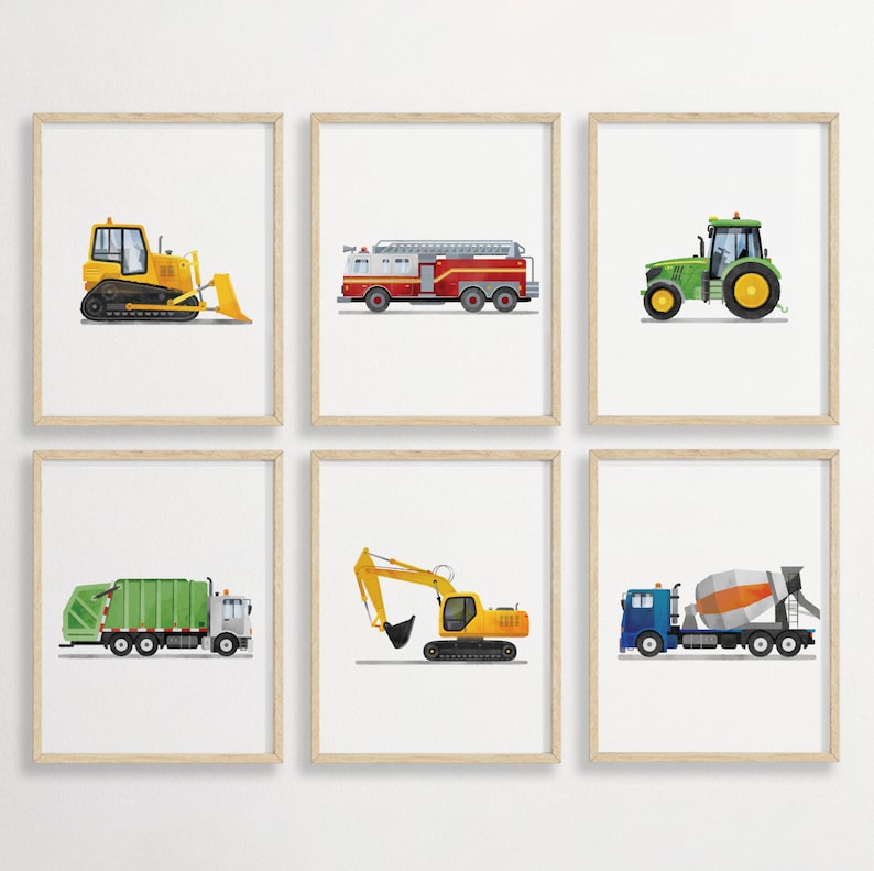 Vertical Set of 6 Vehicle Prints, Construction Wall Art, Transportation Nursery, Kids Gallery Wall Set, Truck Wall Art, Nursery Truck Prints image 1