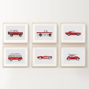 Set of 6 Red Vintage Vehicle Prints, Boys Room Decor, Retro Car Prints For Boys Room, Kids Room Wall Art,Transportation Watercolor Art