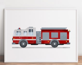 Brandweerwagen print, brandweerwagen decor, brandweerwagen kunst, jongen slaapkamer kunst, transport kunst, peuter kamer decor, kinderkamer decor, auto print