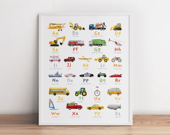 Transportation Alphabet Print, Car ABC, Letters Wall Art, Classroom Printable Decor, Educational Nursery Vehicle Art, Boy Car Alphabet Decor