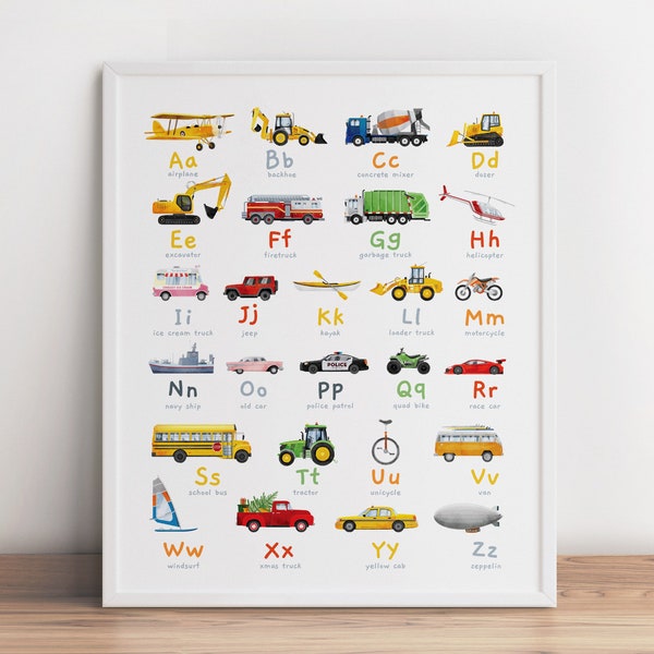 Transportation Alphabet Print, Car ABC, Letters Wall Art, Classroom Printable Decor, Educational Nursery Vehicle Art, Boy Car Alphabet Decor