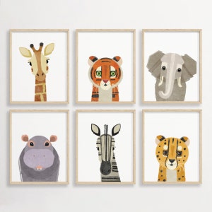 Juego de 6 impresiones de animales de safari, arte de pared de animales para bebés, decoración de guardería de safari, juego de galería de pared para niños, impresiones neutrales para guardería, imprimibles para guardería