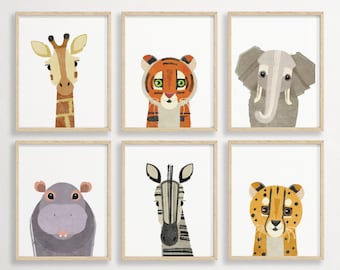 May include: Set of six framed animal illustrations. Each frame features a different animal: a giraffe, a tiger, an elephant, a hippopotamus, a zebra, and a cheetah. The illustrations are in a cartoon style and are done in a variety of colors.