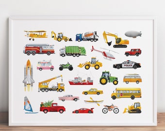 Vehicles Wall Art, Transportation Printable, Car Art Poster, Construction Printable Art, Toddler Room Decor, Nursery Prints, Playroom Print