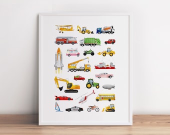 Vehicles Wall Art, Transportation Printable, Car Art Poster, Construction Printable Art, Toddler Room Decor, Nursery Prints, Playroom Print