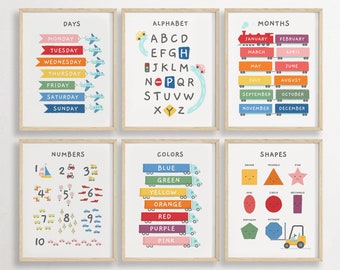 Set of 6 Educational Vehicle Posters, Playroom Learning Prints, Home School Printable, Montessori ABC Classroom Decor, Truck Alphabet Art