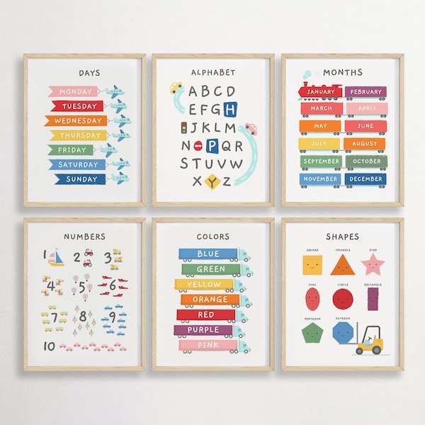 Set van 6 educatieve voertuigposters, speelkamer leren prints, thuisschool afdrukbaar, Montessori ABC klas decor, vrachtwagen alfabet kunst