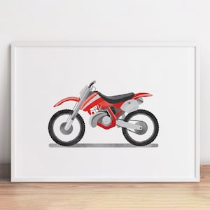 Stampa di moto da cross rossa, decorazione murale di motocross, moto da cross stampabile, arte murale per bambini, arte dei trasporti, decorazione di moto per bambini, veicoli stampabili