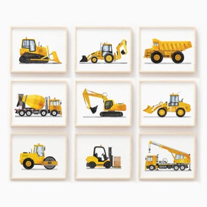 Set of 9 Vehicle Prints, Construction Wall Art, Transportation Print Nursery, Kids Gallery Wall Set, Truck Wall Art, Nursery Truck Prints