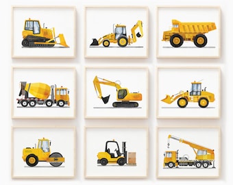 Conjunto de 9 láminas de vehículos, arte mural de construcción, impresión de transporte para guardería, juego de galería infantil, arte mural de camiones, láminas de camiones para guardería