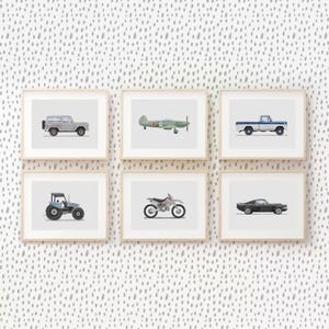 Set of 6 Vehicle Prints, Printable Set, Boys Room Decor, Retro Car Prints For Boys Room, Kids Room Wall Art, Transportation Watercolor Art