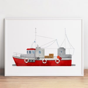 May include: A red and gray fishing boat with a white number "1-2-H" on the side. The boat has a white cabin and a white mast with ropes. There are life preservers on the side of the boat.