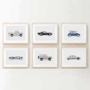 Conjunto de 6 impressões de veículos antigos, decoração de quarto de meninos, impressões de carros retrô para quarto de meninos, arte de parede para quarto infantil, arte de aquarela de transporte