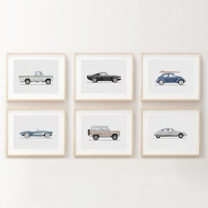 Set of 6 Vintage Vehicle Prints, Boys Room Decor, Retro Car Prints For Boys Room, Kids Room Wall Art,Transportation Watercolor Art