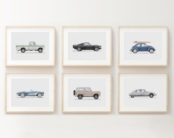 Set of 6 Vintage Vehicle Prints, Boys Room Decor, Retro Car Prints For Boys Room, Kids Room Wall Art,Transportation Watercolor Art