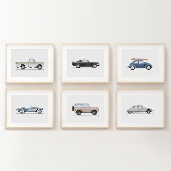 6er-Set Vintage Fahrzeugdrucke, Jungen Raumdekor, Retro Auto Drucke für Jungenzimmer, Kinderzimmer Wandkunst, Transport Aquarell Kunst