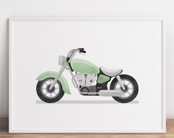 Impresión de motocicleta vintage verde salvia, decoración de pared de motocross, arte de pared para niños, arte de transporte, decoración de motocicletas para niños pequeños, vehículos imprimibles