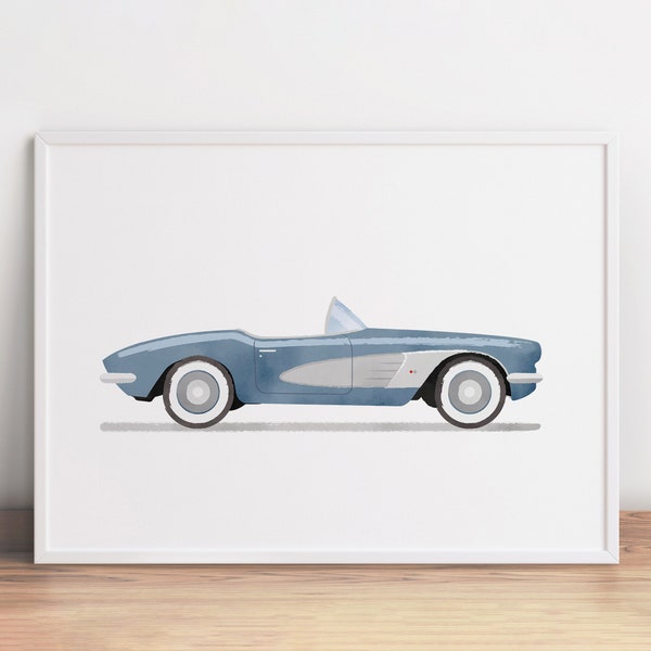 Pale Blue Retro Sports Car Print, Automobile Wall Art, Classic Car Poster, Kids Room Wall Art, Vehicle Prints,Boys Room Decor,Watercolor Art