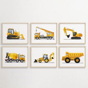 Set of 6 Construction Vehicle Prints, Construction Wall Art, Transportation Nursery, Kids Gallery Wall Set, Truck Art, Nursery Truck Prints