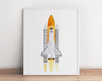 May include: A watercolor illustration of a space shuttle taking off. The shuttle is white with orange engines and a white plume of smoke behind it.