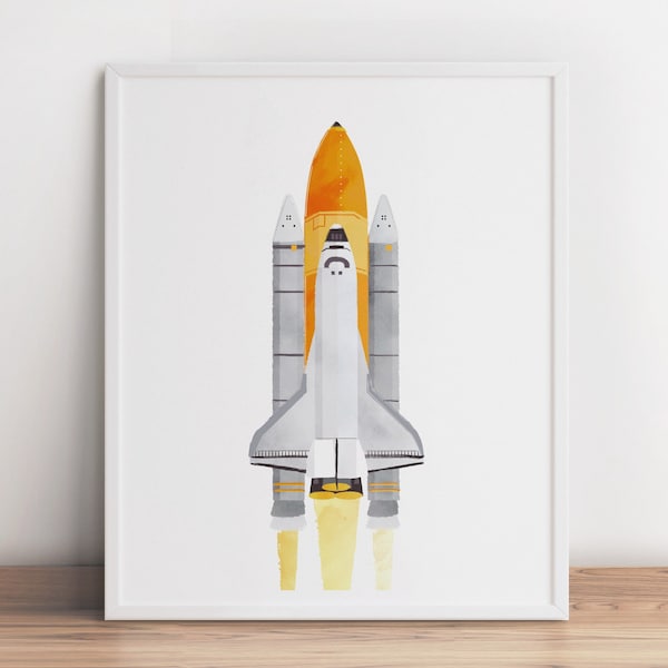 Space Shuttle Print, Spaceship Wall Art, Rocket Ship Art, Playroom Wall Decor, Printable Art, Toddler Print, Boy Wall Art, Watercolor Poster