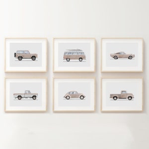 Set of 6 Vintage Beige Vehicle Prints, Boys Room Decor, Retro Car Prints For Boys Room, Kids Room Wall Art,Transportation Watercolor Art