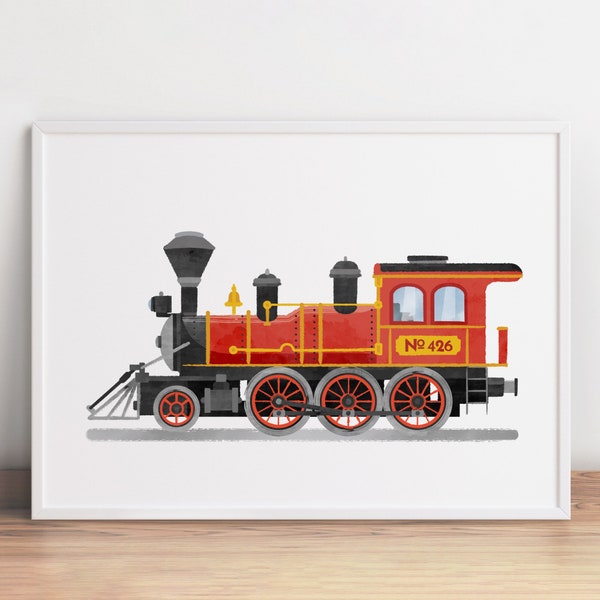 Locomotive Print, Train Printable Decor, Railroad Art, Steam Engine Art, Transportation Art, Toddler Boy Bedroom Art, Train Wall Art